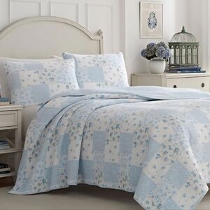 Laura Ashley Reversible Kenna Blue and White Quilt Set, Full/Queen